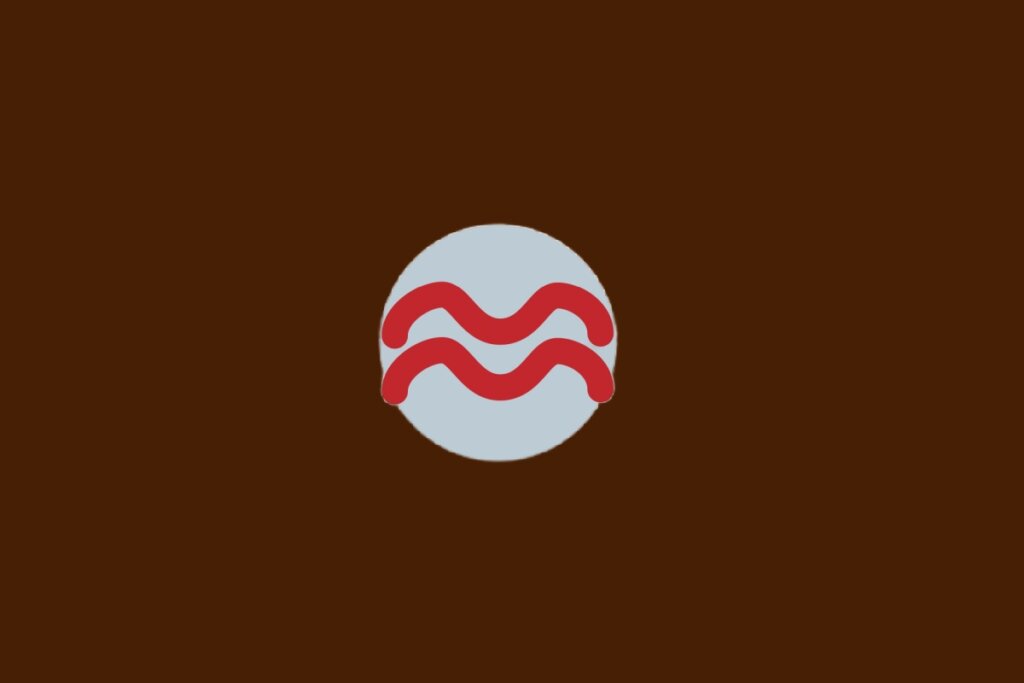Ilustração do signo de Aquário, com símbolo vermelho com duas ondas paralelas, sobre fundo cinza e marrom-escuro
