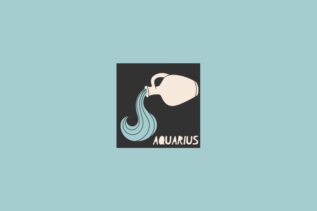 Ilustração do signo de Aquário, com um vaso despejando água em fundo escuro e o nome “Aquarius” escrito abaixo, sobre fundo azul-claro