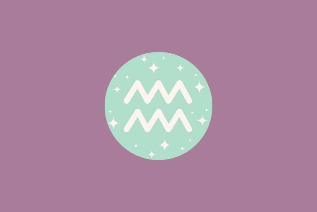 Ilustração do signo de aquário em um círculo verde com estrelas e em um fundo roxo