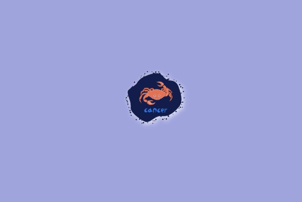 Imagem com um fundo lilás e, no centro, um desenho representando o signo de Câncer, com a palavra “cancer” abaixo