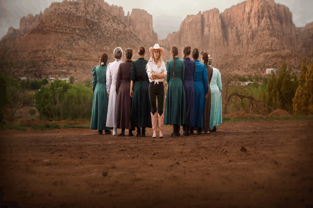 Imagem de um grupo de mulheres usando vestidos longos de diversas cores, com uma mulher no meio de frente usando camisa, chapéu e sapato rosa e uma bermuda longa preta e de braços cruzados