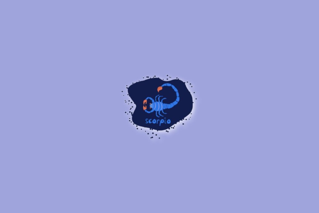 Imagem com um fundo lilás e, no centro, um desenho representando o signo de Escorpião, com a palavra “scorpio” abaixo