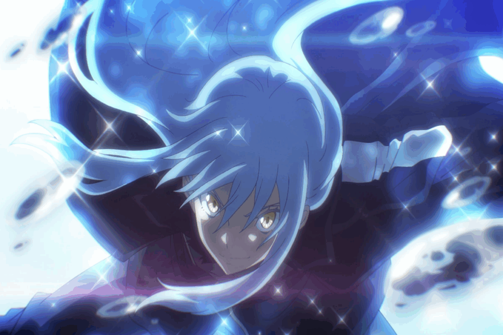 Personagem com cabelo longo azul, usando casaco escuro em fundo azul 