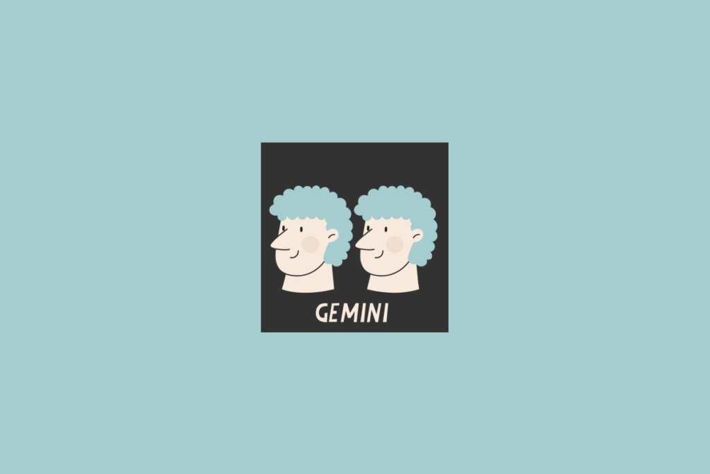Ilustração do signo de Gêmeos, com dois rostos estilizados em fundo escuro e o nome “Gemini” escrito acima, sobre fundo azul-claro