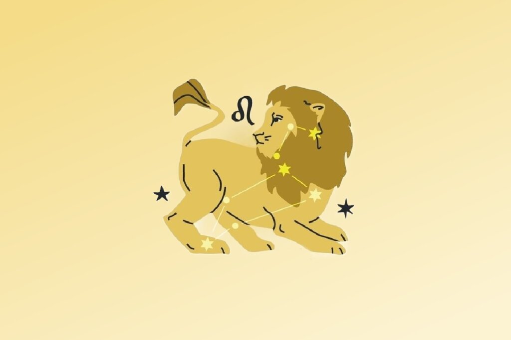 Ilustração de leão com constelação do signo de Leão em fundo amarelo