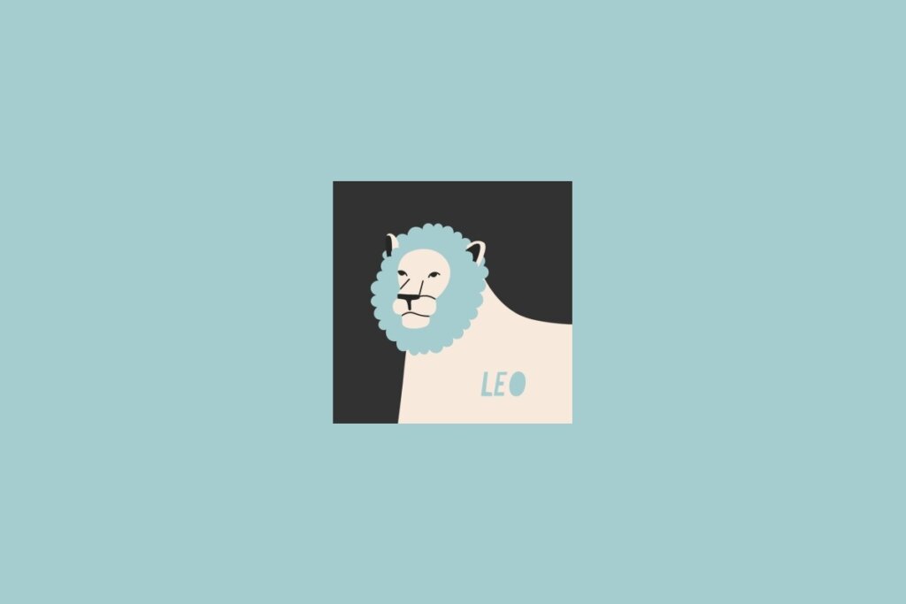 Ilustração do signo de Leão, com a figura de um leão em fundo escuro e o nome “Leo” escrito abaixo, sobre fundo azul-claro
