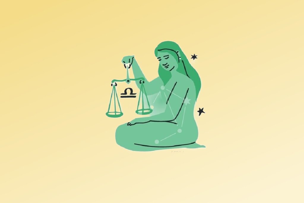 Ilustração do signo de libra contendo uma figura feminina sentada, com cabelo longo, em fundo amarelo