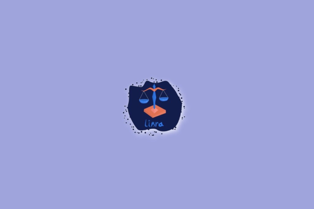 Imagem com um fundo lilás e, no centro, um desenho representando o signo de Libra, com a palavra “libra” abaixo