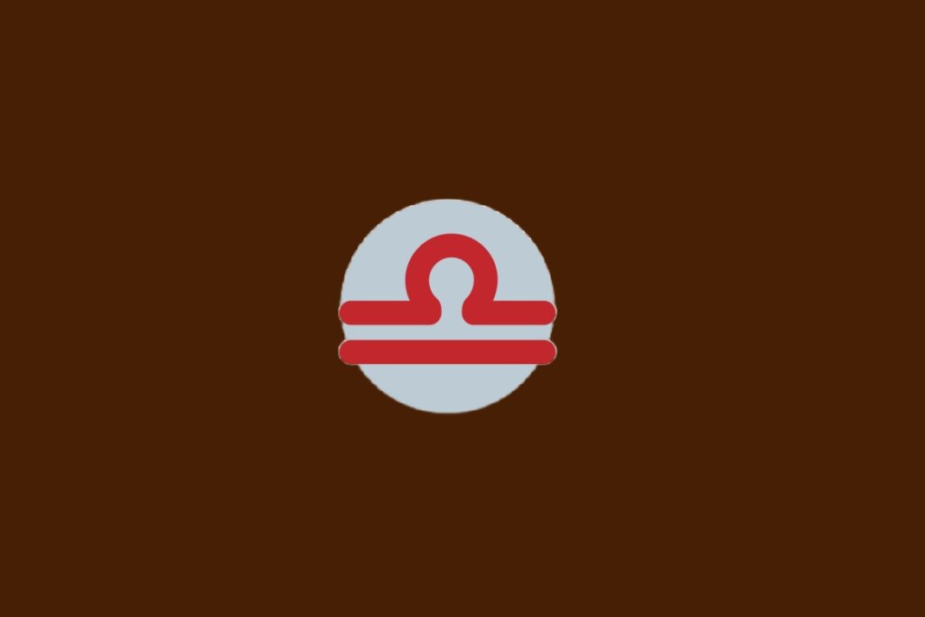 Ilustração do signo de Libra, com símbolo vermelho com arco sobre linha reta, sobre fundo cinza e marrom-escuro