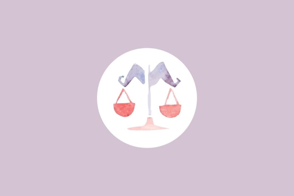 Círculo centralizado em um fundo roxo e com a ilustração do signo de libra dentro