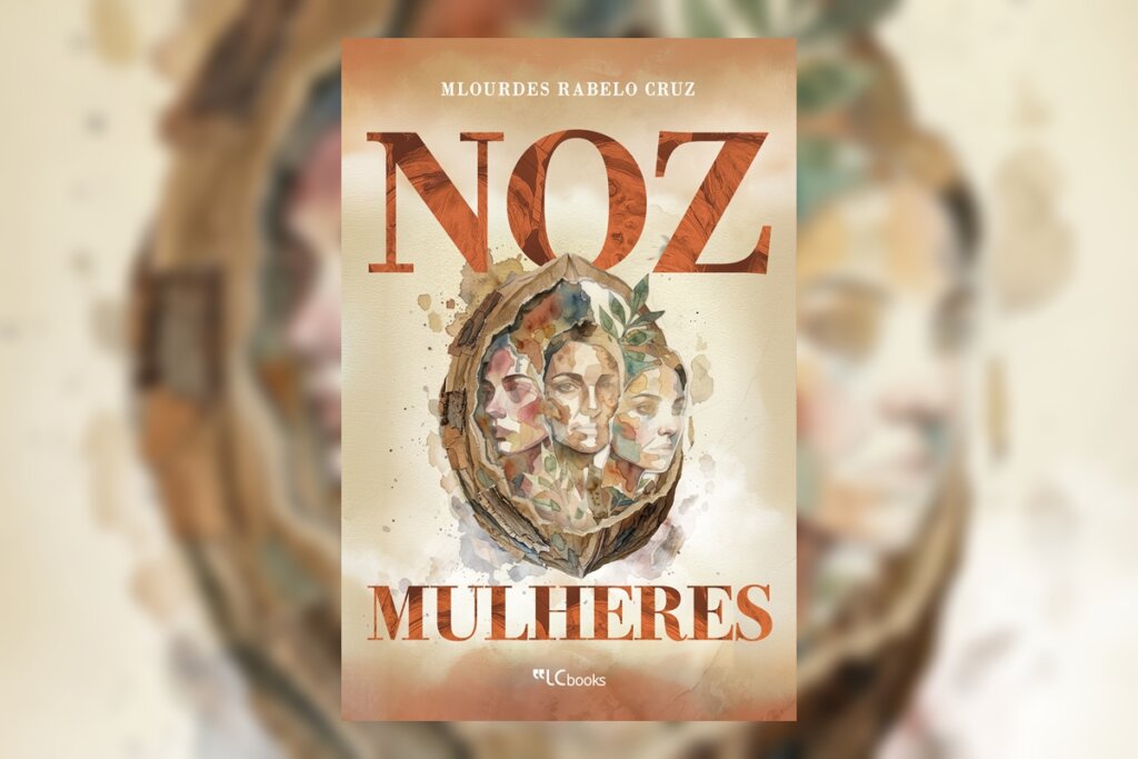 Capa de livro bege com título e nome da autora escrito em laranja e ilustração de três mulheres dentro de círculo colorido