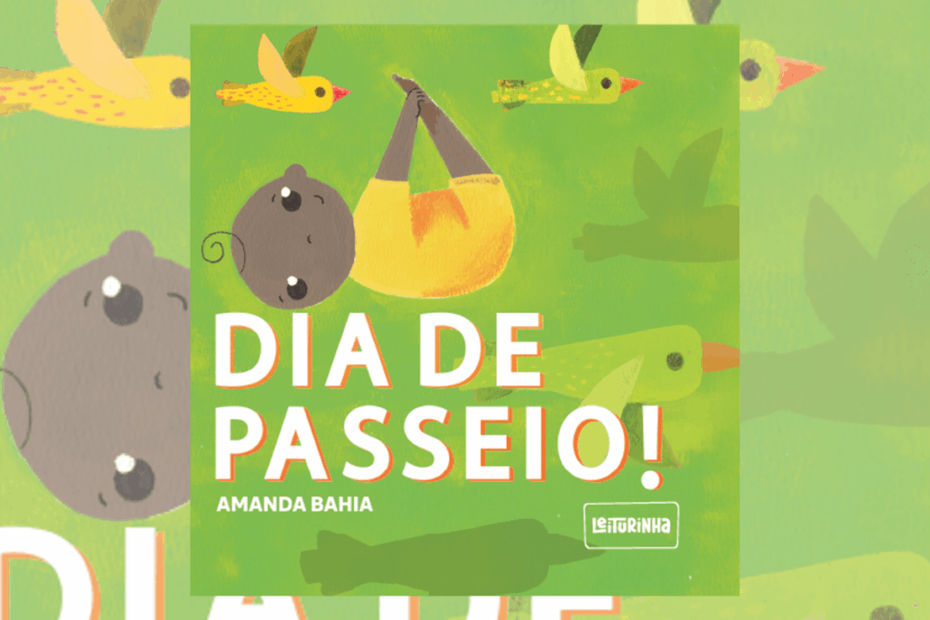 Capa de livro verde com título e nome do autor em branco, com ilustração de bebe pendurado usando roupa amarela e passarinhos amarelos e verde
