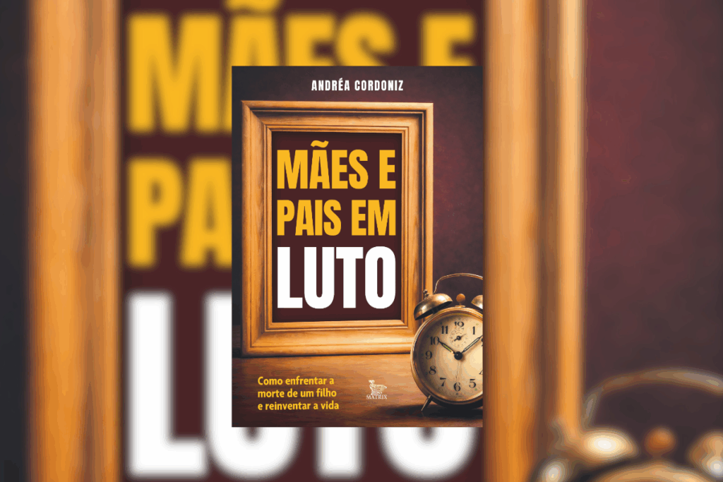 Capa de livro com título e nome do autor escritos em amarelo e branco dentro de um porta retrato com um relógio ao lado em fundo vinho