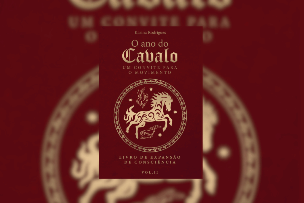 Capa de livro vermelha com título e nome do autor em bege e ilustração de um cavalo dentro de um círculo