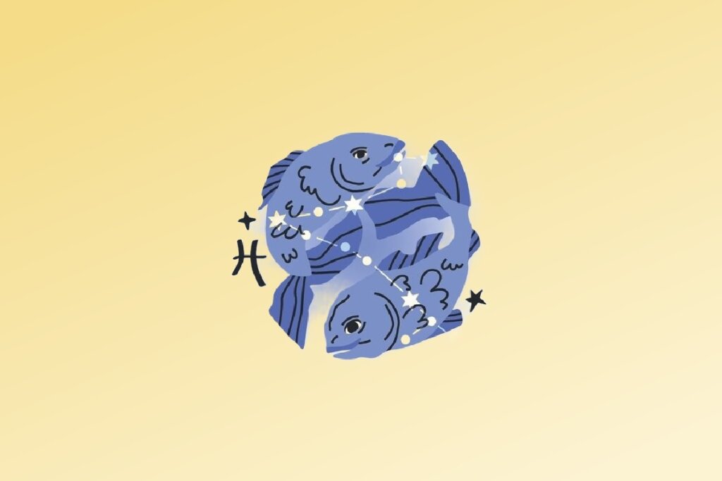 Ilustração do signo de Peixes contendo dois peixes posicionados em direções opostas em fundo amarelo