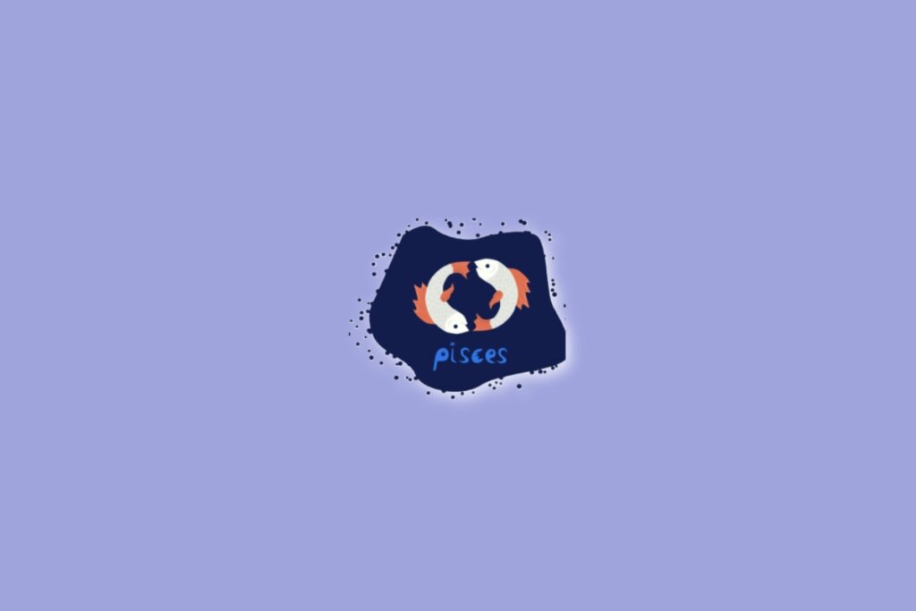 Imagem com um fundo lilás e, no centro, um desenho representando o signo de Peixes, com a palavra “pisces” abaixo