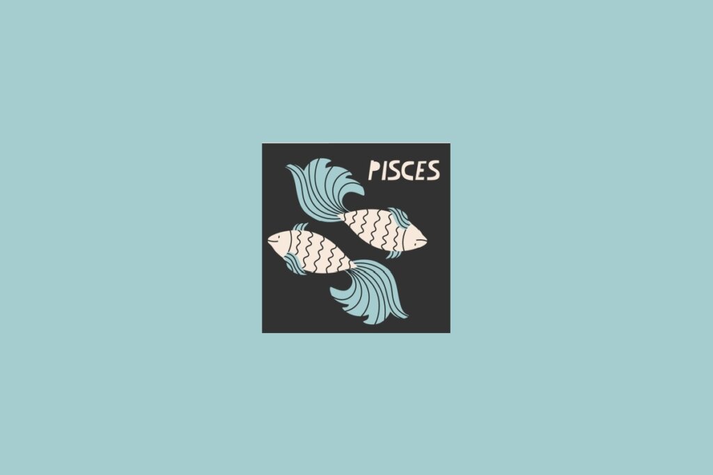 Ilustração do signo de Peixes, com dois peixes estilizados em fundo escuro e o nome “Pisces” escrito acima, sobre fundo azul-claro