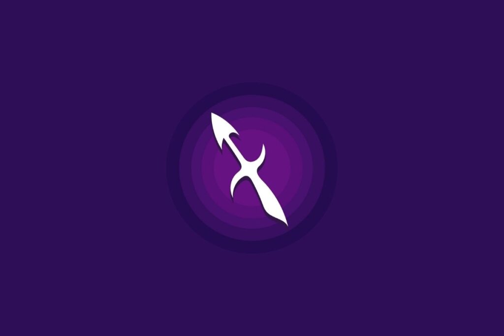 Um símbolo do signo de Sagitário em branco aparece no centro de um fundo roxo, com um efeito circular em tons mais claros ao redor