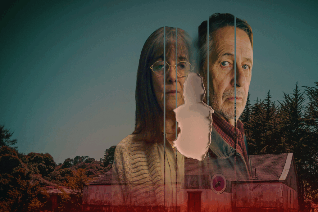 Imagem de uma casa no campo e ao fundo a imagem de uma mulher com o cabelo curto e franja usando casaco de lã bege e um homem com cabelo curto usando camiseta polo vermelha e casaco xadrez com um buraco na imagem em forma de uma pessoa simulando um elemento rasgado