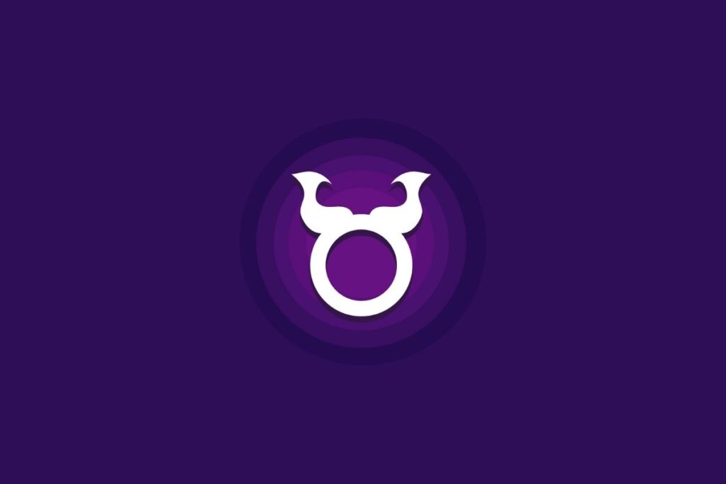 Um símbolo do signo de Touro em branco aparece no centro de um fundo roxo, com um efeito circular em tons mais claros ao redor