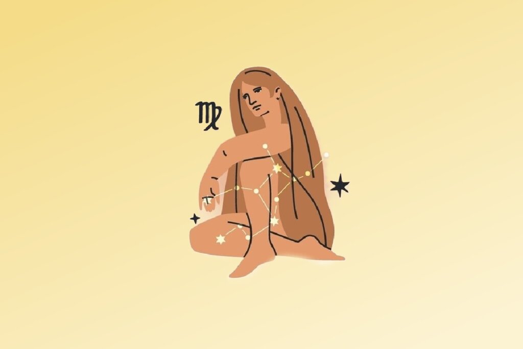 Ilustração do signo de Virgem contendo uma figura feminina sentada, com cabelo longo, em fundo amarelo