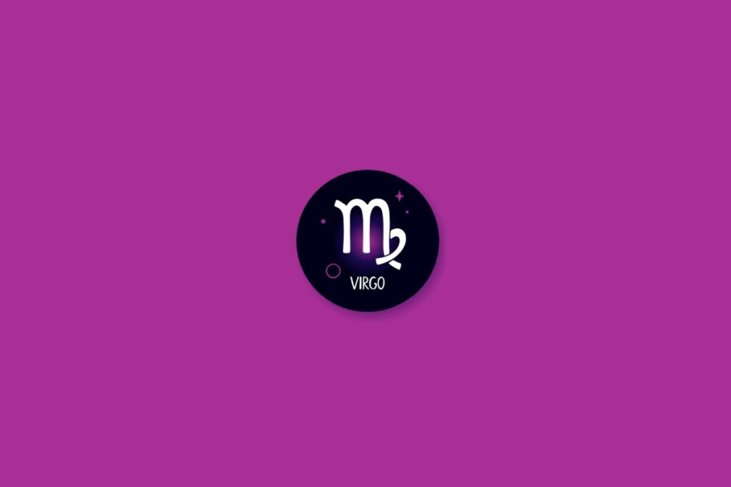 Ilustração de um círculo preto com o símbolo de virgem dentro, com estrelas roxas, sobre um fundo roxo