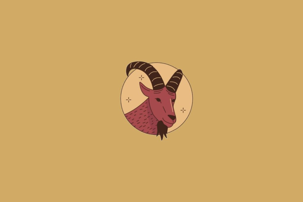 Ilustração do signo de Capricórnio contendo a cabeça de uma cabra com chifres curvados em fundo mostarda