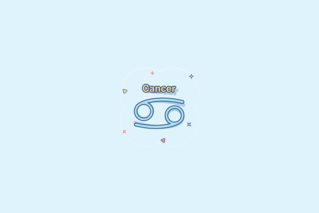 Ilustração do signo Câncer, contendo dois círculos pequenos conectados por linhas curvas, um voltado para cima e outro para baixo, formando uma espécie de “69”, em fundo azul-claro