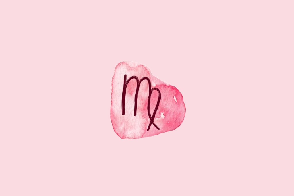Ilustração do signo de Virgem contendo o símbolo de três linhas verticais conectadas com uma curva fechada à direita em aquarela rosa sobre fundo rosa-claro