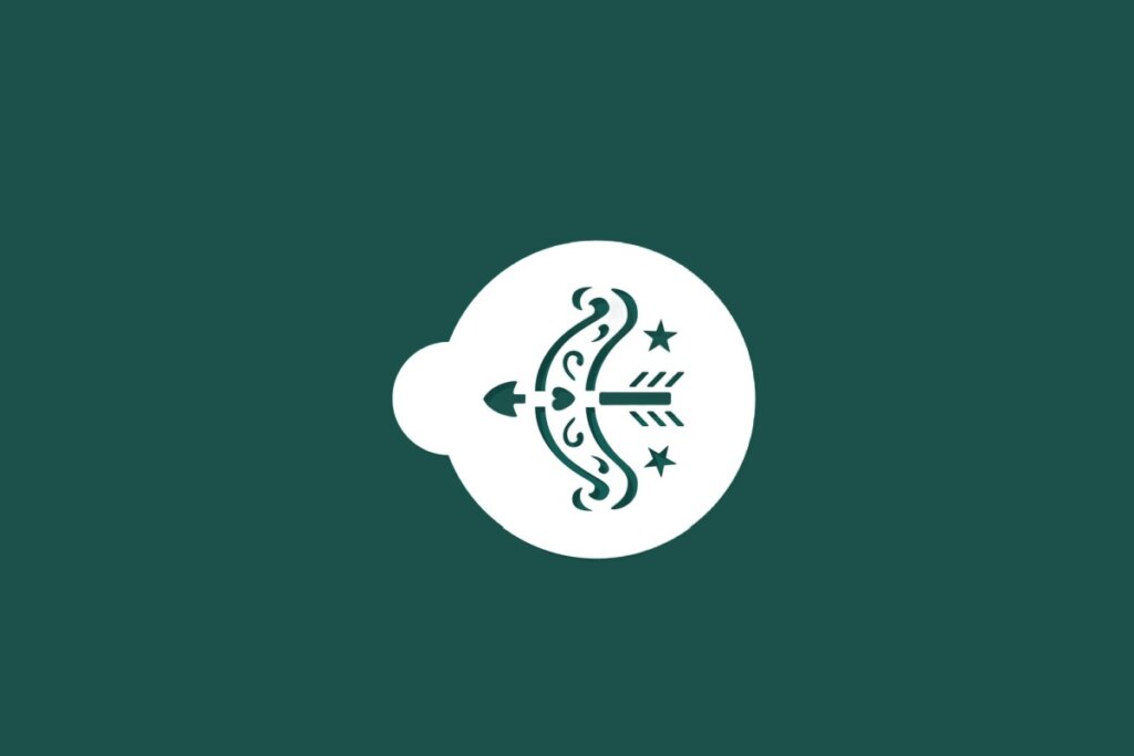 Ilustração do signo de Sagitário contendo um arco e flecha com estrelas em fundo verde-escuro