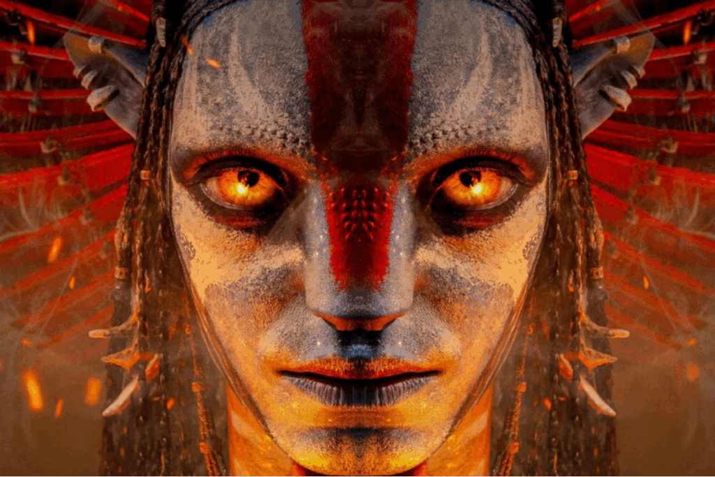 Personagem com pintura e olhos brilhantes em tons alaranjados encarando a câmera