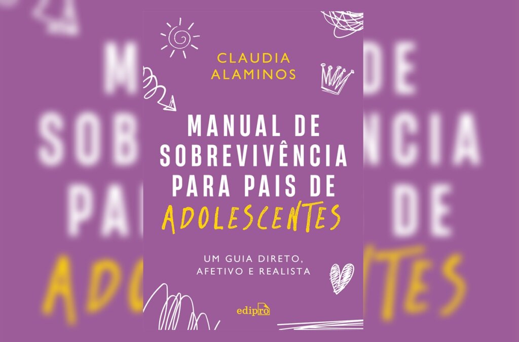 Capa do livro "Manual de sobrevivência para pais de adolescentes", com o nome centralizado em um fundo roxo-escuro e rodeado por desenho de coração, sol e rabiscos 