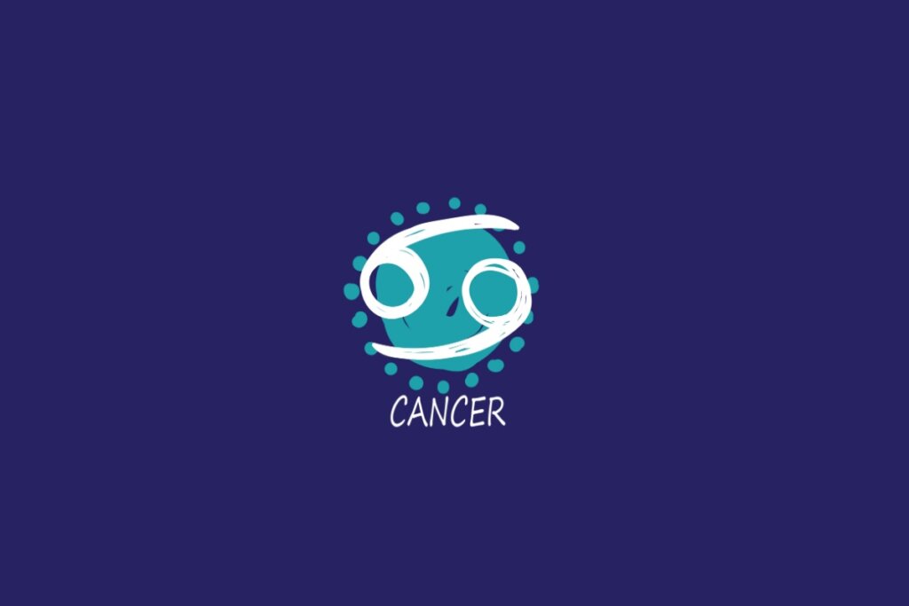 Ilustração do signo de câncer, na cor branca, sobre uma mancha verde, em um fundo azul-escuro