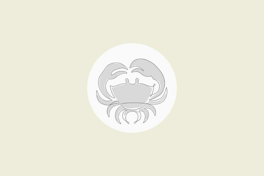 Ilustração do signo de câncer em preto e branco, dentro de um círculo, sobre um fundo bege-claro