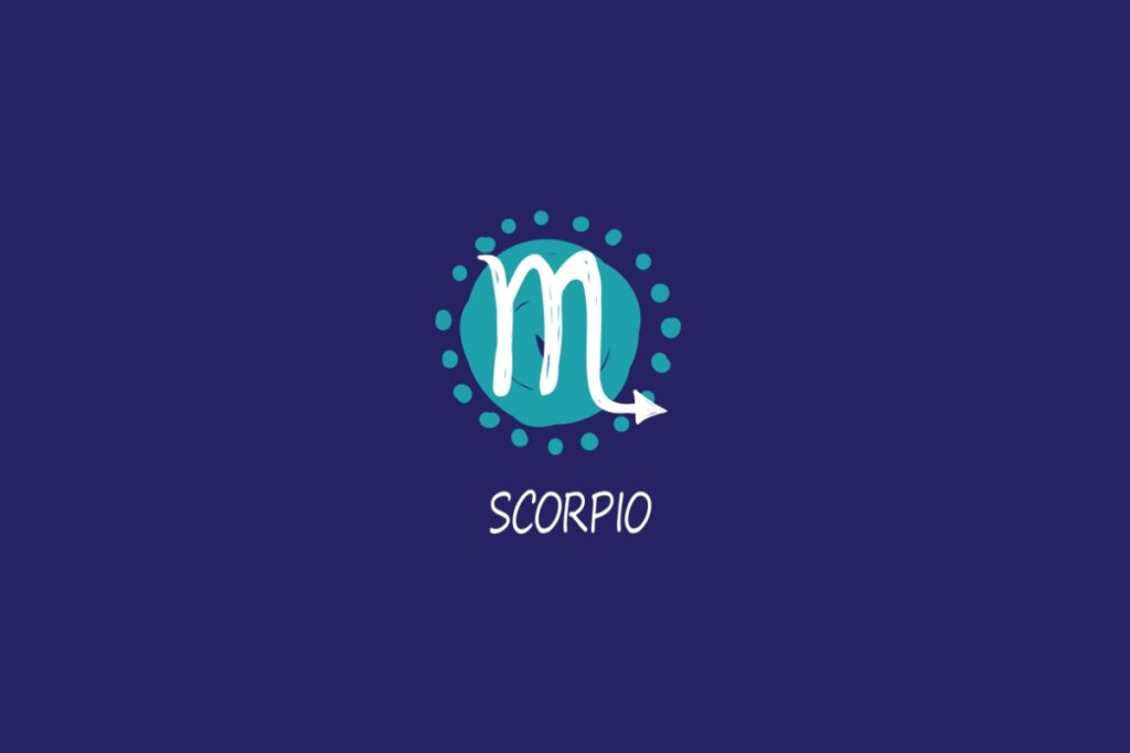 Ilustração do signo de escorpião, na cor branca, sobre uma mancha verde, em um fundo azul-escuro