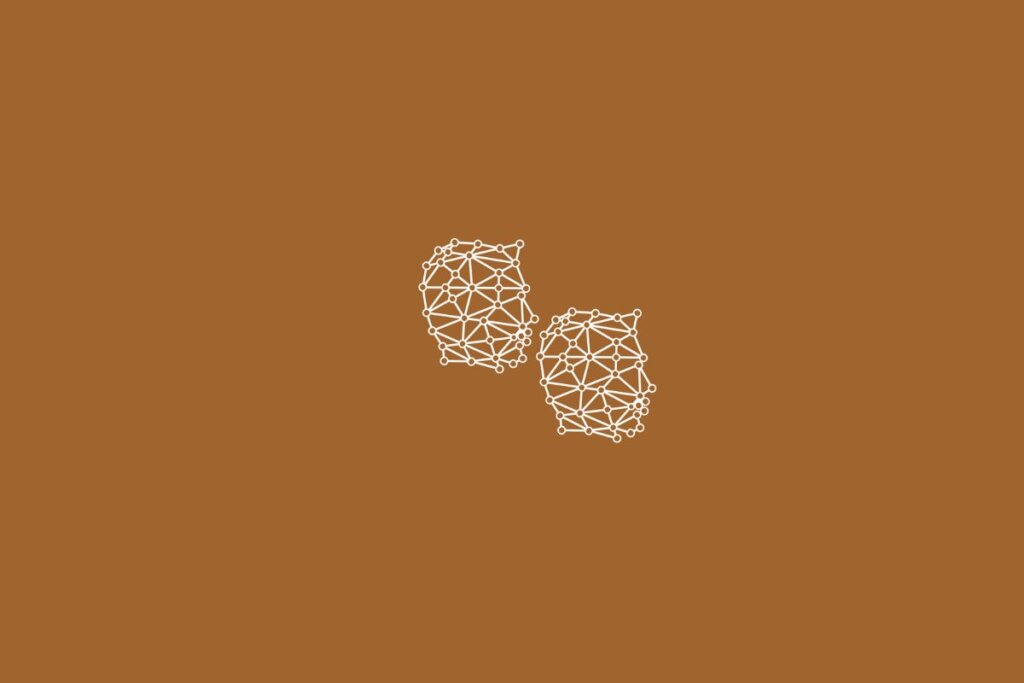 Ilustração de dois rostos, na cor branca, centralizado em um fundo bege