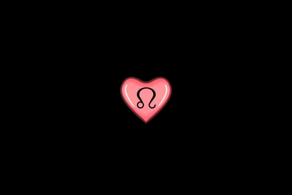 Ilustração de um coração rosa, com o símbolo do signo de leão dentro, centralizado em um fundo preto