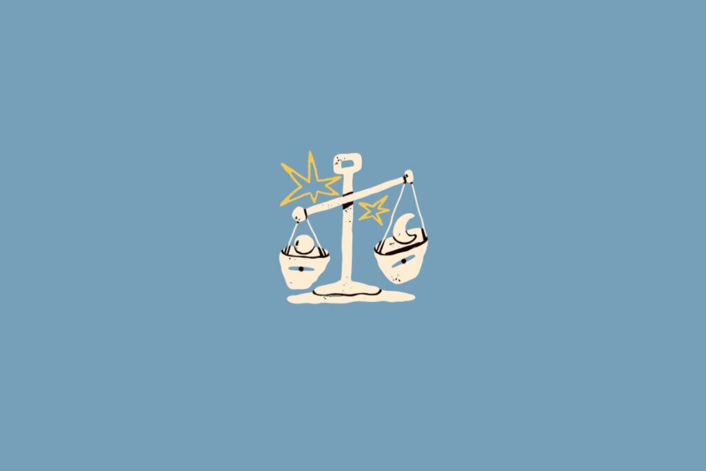 Ilustração de uma balança em amarelo-claro sobre um fundo azul