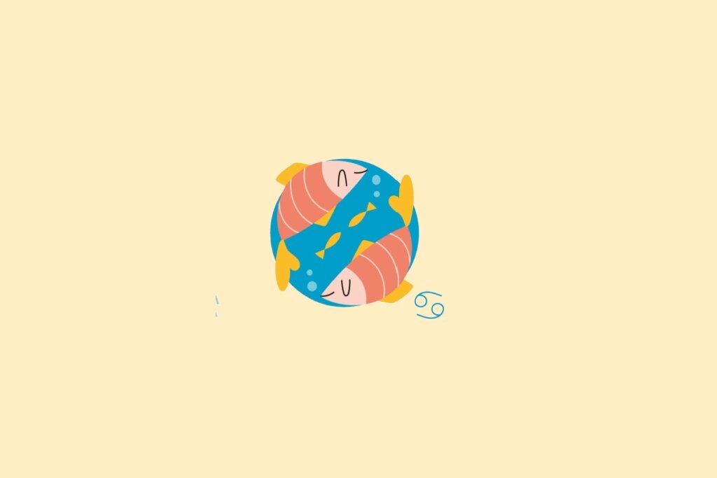 Ilustração de dois peixes em um círculo azul, sobre um fundo amarelo-claro