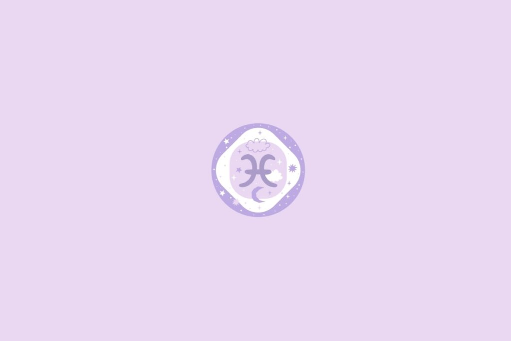 Imagem com fundo lilás com círculo roxo trazendo o símbolo de peixes e detalhes de nuvens, estrelas e lua
