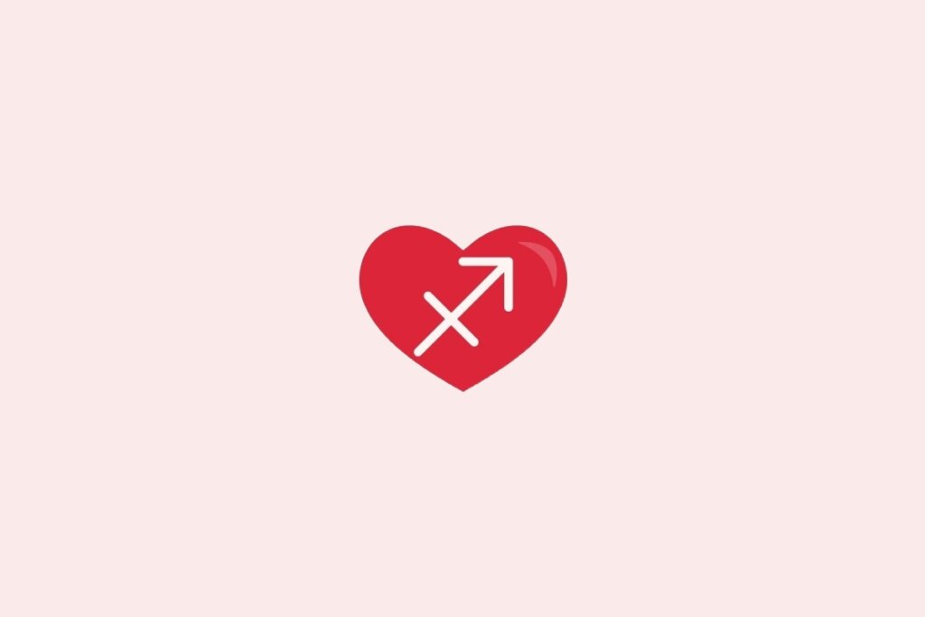 Ilustração do signo de sagitário em um coração vermelho sobre um fundo rosa-claro