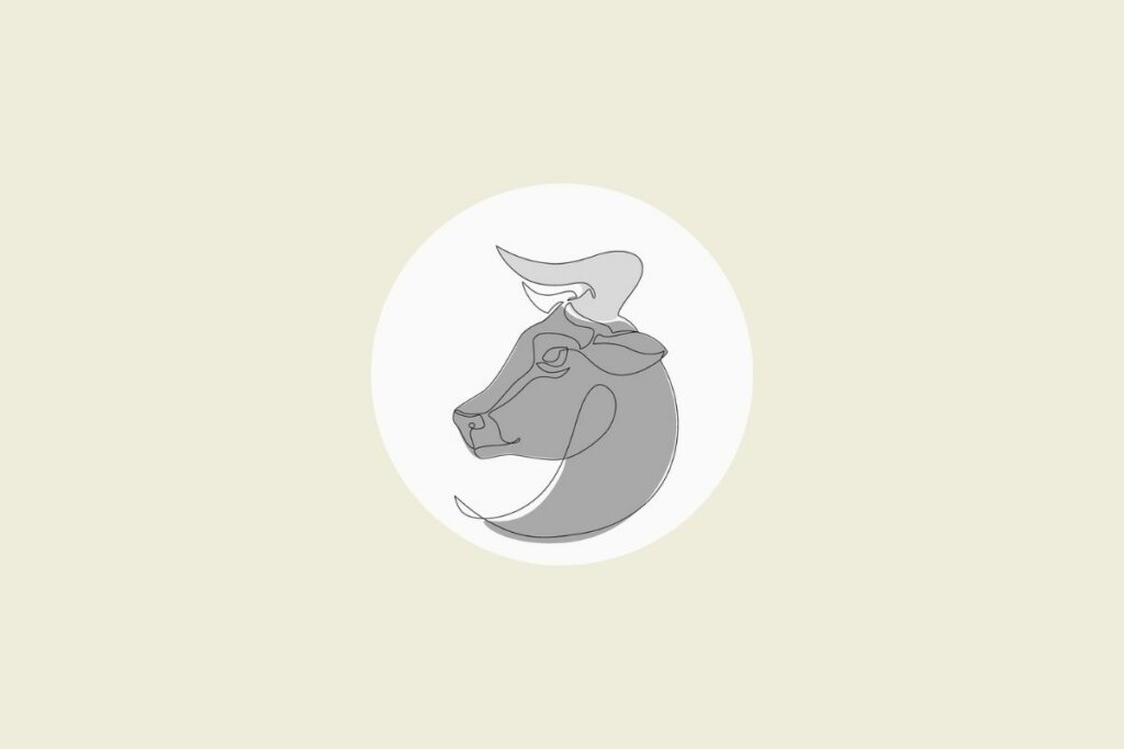 Ilustração do signo de touro em preto e branco, dentro de um círculo, sobre um fundo bege-claro
