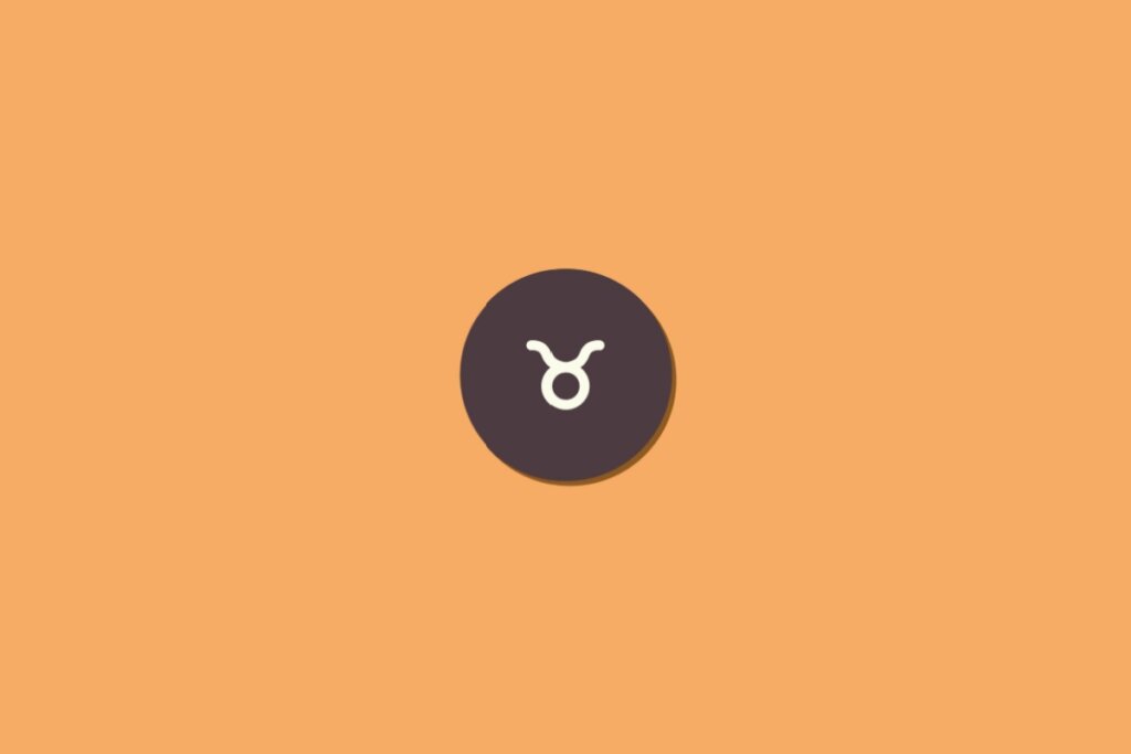Ilustração do signo de touro na cor branca, dentro de um círculo marrom, centralizado sobre um fundo laranja