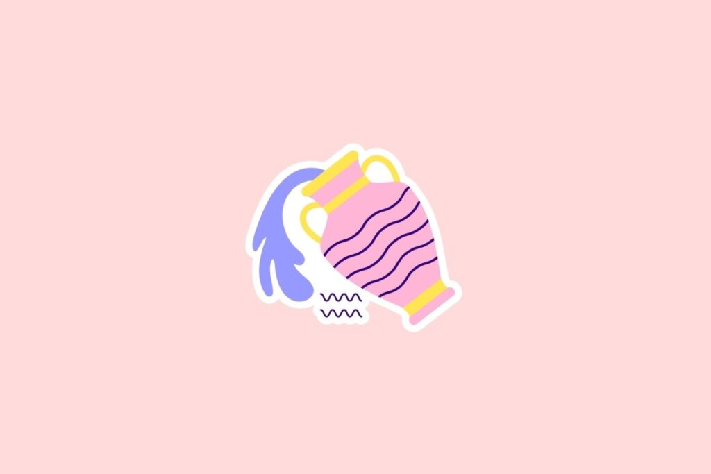 Ilustração do símbolo de Aquário com um jarro cor-de-rosa vertendo água azul, sobre fundo rosa-claro
