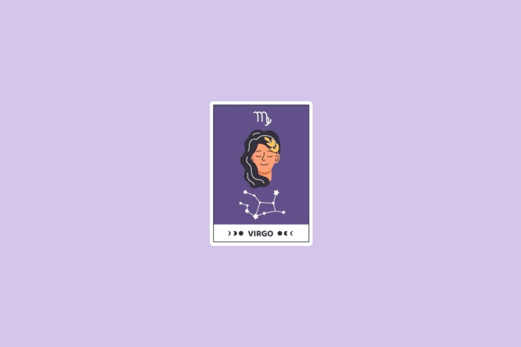 Ilustração do signo de Virgem com o rosto de uma mulher de olhos fechados, a constelação de Virgem e o símbolo do signo no topo
