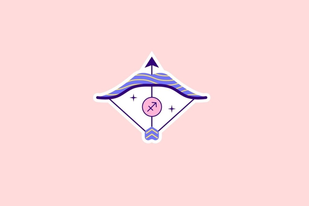 Ilustração do símbolo de Sagitário representado por um arco e flecha em tons de lilás, rosa e azul, sobre fundo rosa-claro