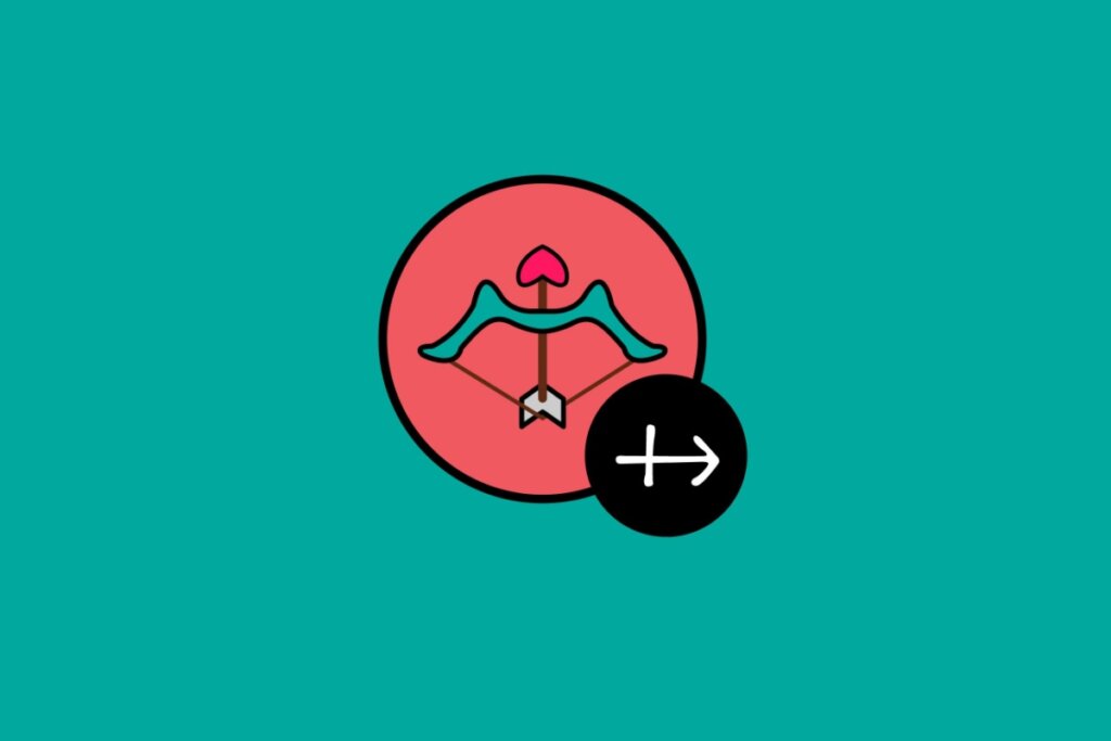 Ilustração do signo de Sagitário, em fundo verde-azulado, contendo um arco turquesa com corda marrom e flecha com ponta em formato de coração, sobre círculo vermelho, e o símbolo astrológico em um círculo preto