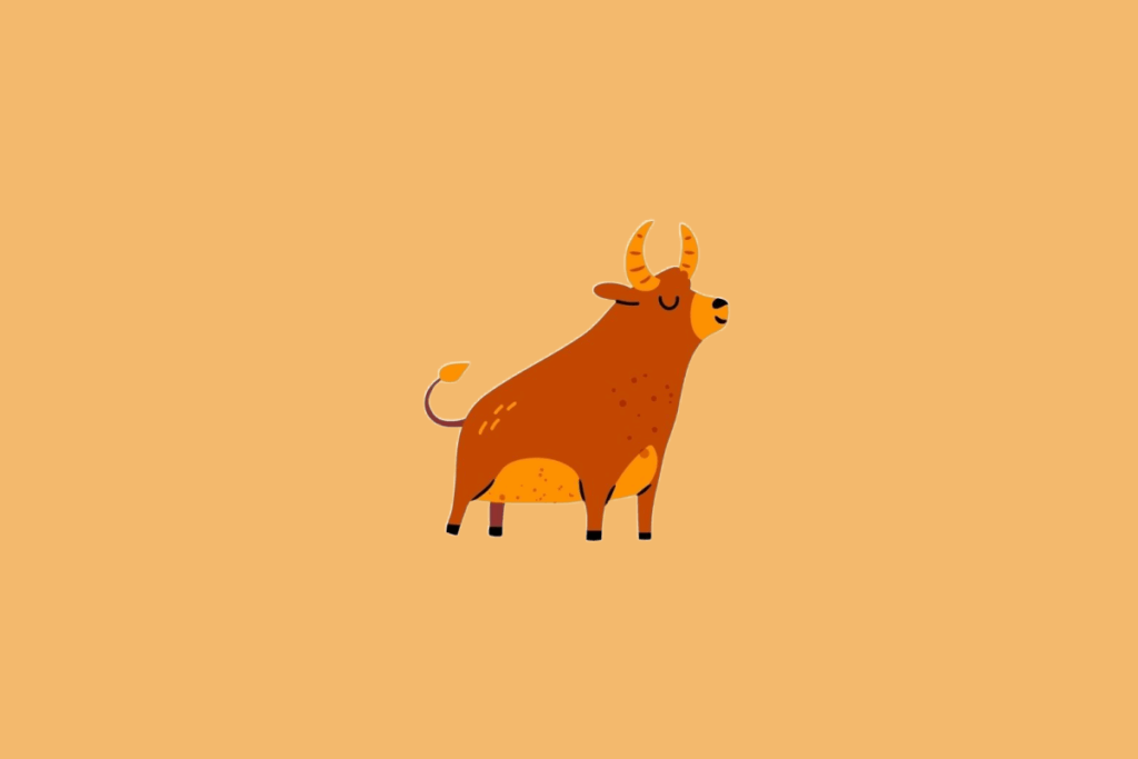 Ilustração minimalista de um búfalo de cor marrom-avermelhada com chifres amarelos e manchas escuras, sobre um fundo sólido bege-alaranjado.