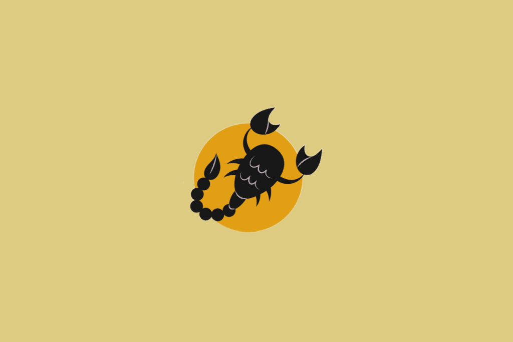 Ilustração estilizada de um escorpião preto com a cauda erguida e garras abertas, inserida em um círculo laranja sobre um fundo amarelo-claro.