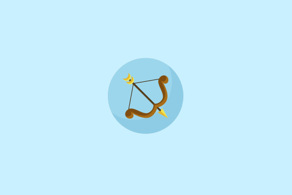 Ilustração estilizada de um arco marrom tensionado com uma flecha apontada para o canto superior esquerdo, inserida em um círculo azul-claro sobre um fundo azul ainda mais claro.
